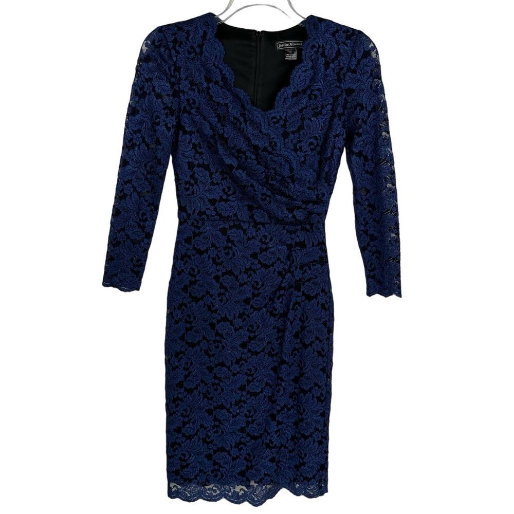 JESSICA HOWARD | Blue Floral Lace Bodycon‎ Ruched Waist Midi Dress | Women's 4
